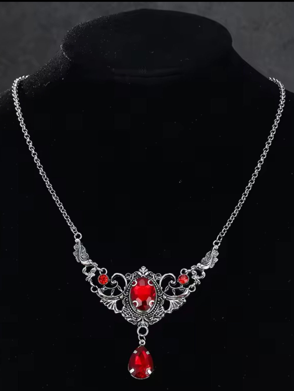 Antique Silver-Tone Necklace with Red Crystal Pendant